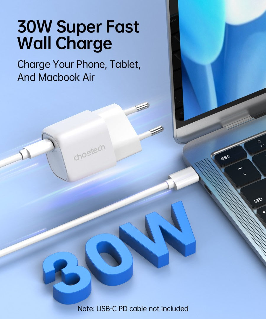 Choetech PD30W GaN Tech Wall Charger for MacBook Air/iPhone iphone 14/13/12 EU