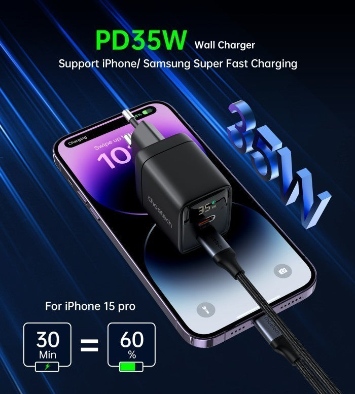 Choetech PD35W GAN Dual type-C Display wall charger black
