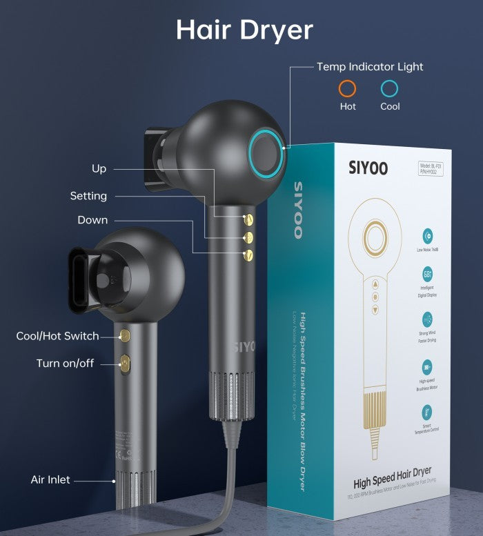 SIYOO Hairdyer LED display with stepless adjustment
